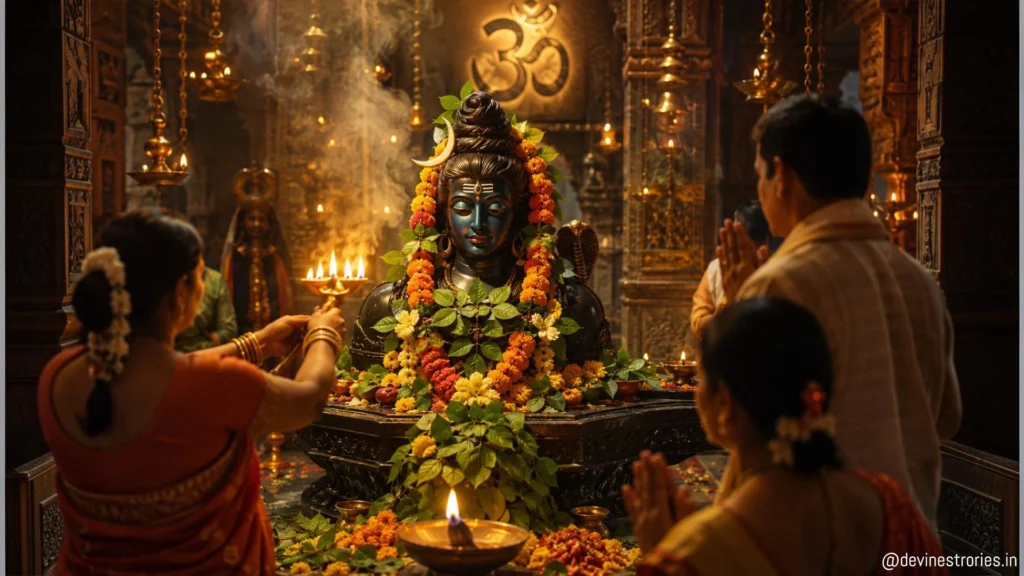 भगवान शिव की आरती करते भक्त, हाथ में दीपक और शिवलिंग पर बेलपत्र चढ़ाते हुए