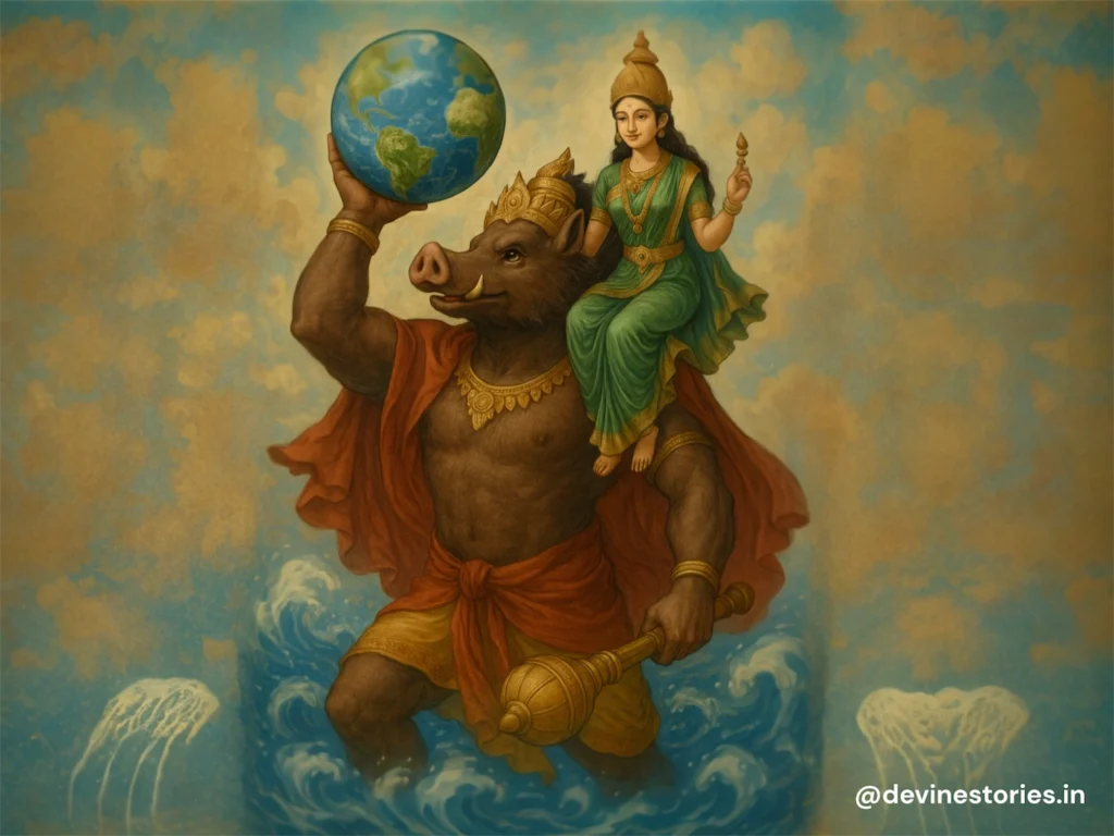 भगवान विष्णु का वराह अवतार भूदेवी के साथ, समुद्र तट पर हिरण्याक्ष का वध करते हुए, भारतीय पौराणिक कला चित्र