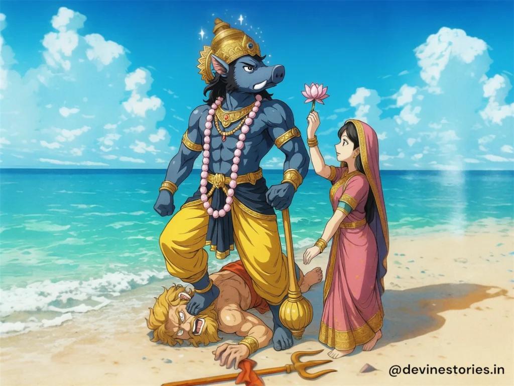 भगवान विष्णु का वराह अवतार भूदेवी के साथ, समुद्र तट पर हिरण्याक्ष का वध करते हुए, भारतीय पौराणिक कला चित्र