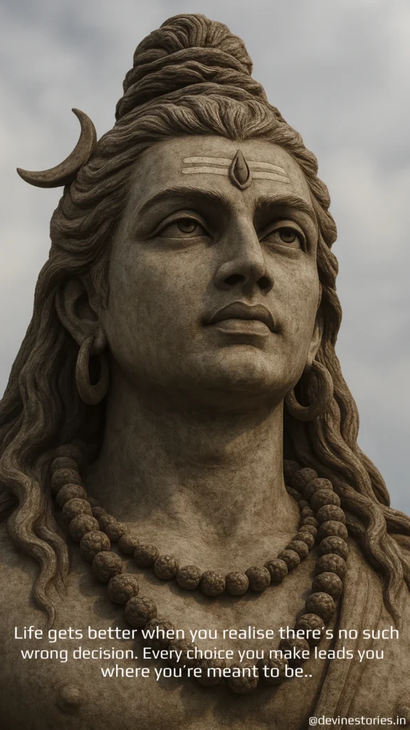 Beautiful Lord Shiva wallpaper showing a peaceful stone statue of Mahadev with crescent moon and rudraksha mala. The image features an inspiring life quote about destiny and choices, making it a perfect spiritual and motivational wallpaper by Devine Stories