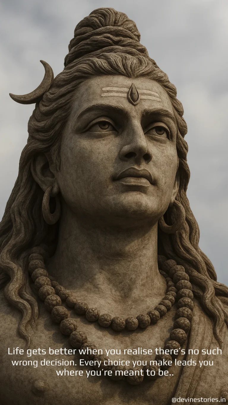 Beautiful Lord Shiva wallpaper showing a peaceful stone statue of Mahadev with crescent moon and rudraksha mala. The image features an inspiring life quote about destiny and choices, making it a perfect spiritual and motivational wallpaper by Devine Stories