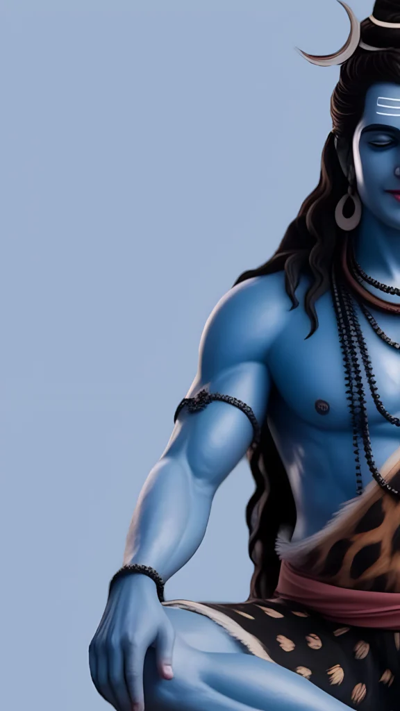 A digital artwork of Lord Shiva in meditation, with blue skin, crescent moon on his head, and calm divine expression, perfect as an HD wallpaper.