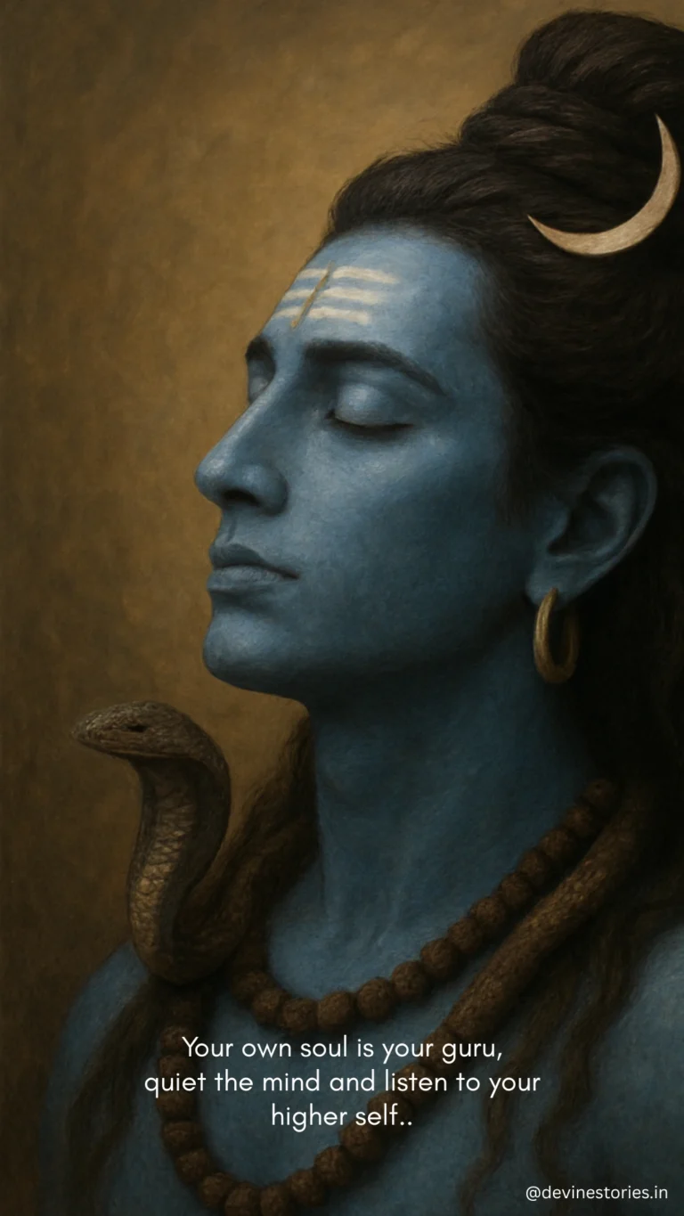 Photorealistic image of Lord Shiva meditating with closed eyes, snake around his neck, crescent moon on hair, and a spiritual quote about the soul as the guru.