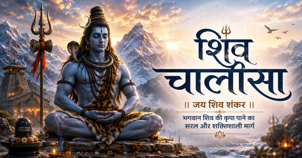 Lord Shiva meditating in the Himalayas with Trishul and Shivling, devotional image for Shiv Chalisa blog post.