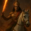 A cinematic image of Lord Kalki, the tenth avatar of Lord Vishnu, holding a fiery sword while riding a majestic white horse, representing justice and divine power.