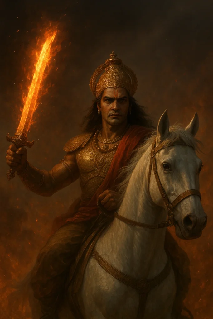 A cinematic image of Lord Kalki, the tenth avatar of Lord Vishnu, holding a fiery sword while riding a majestic white horse, representing justice and divine power.