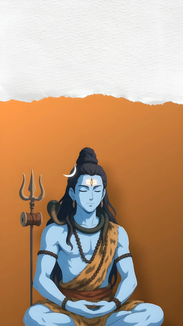 Anime Lord Shiva meditating wallpaper with orange and white background – peaceful Mahadev art for mobile..