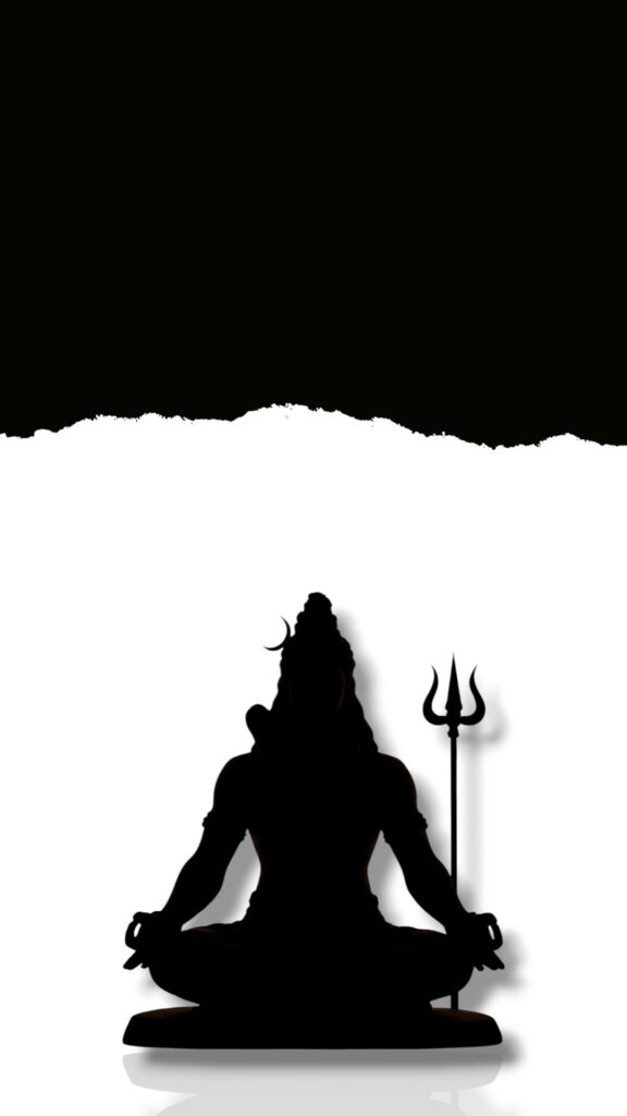 A beautiful black silhouette of Lord Shiva meditating peacefully with a Trishul beside him on a white background, symbolizing calmness, devotion, and divine energy.
