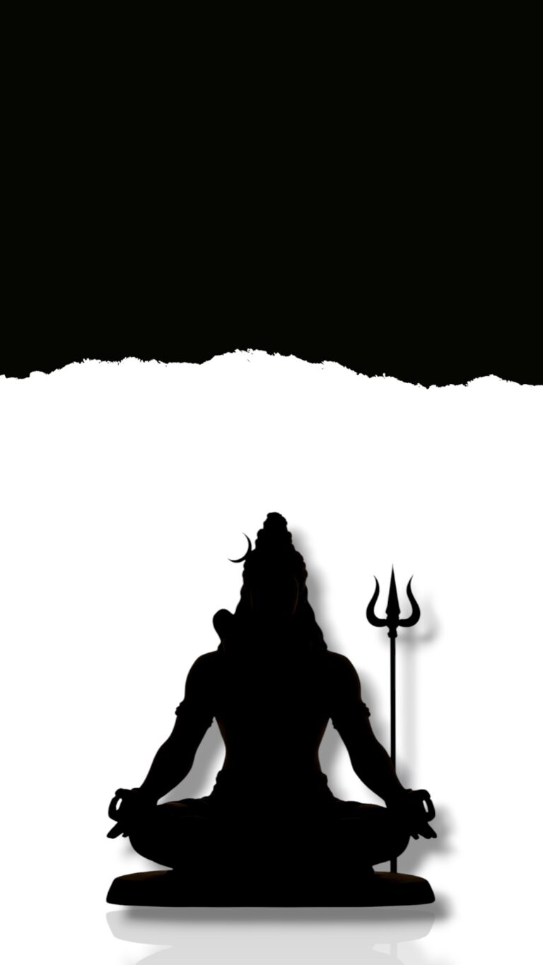 A beautiful black silhouette of Lord Shiva meditating peacefully with a Trishul beside him on a white background, symbolizing calmness, devotion, and divine energy.