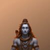 Lord Shiva meditating calmly with closed eyes, blue divine glow, orange background, spiritual peaceful artwork.