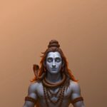 Lord Shiva meditating calmly with closed eyes, blue divine glow, orange background, spiritual peaceful artwork.