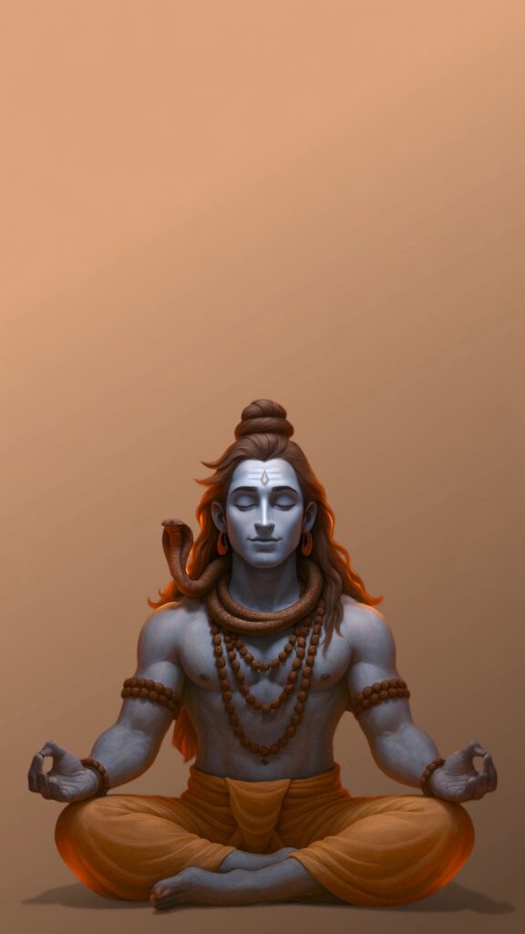 Lord Shiva meditating calmly with closed eyes, blue divine glow, orange background, spiritual peaceful artwork.