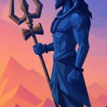 Low-poly geometric illustration of Lord Shiva standing with a Trishul in front of mountains during sunset