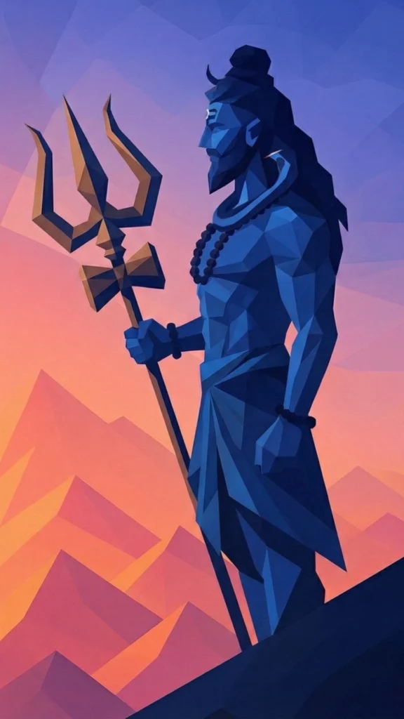 Low-poly geometric illustration of Lord Shiva standing with a Trishul in front of mountains during sunset