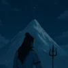 Lord Shiva meditating on a mountain rock with a trishul beside him, facing a tall Himalayan peak under a starry night sky.