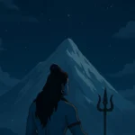 Lord Shiva meditating on a mountain rock with a trishul beside him, facing a tall Himalayan peak under a starry night sky.