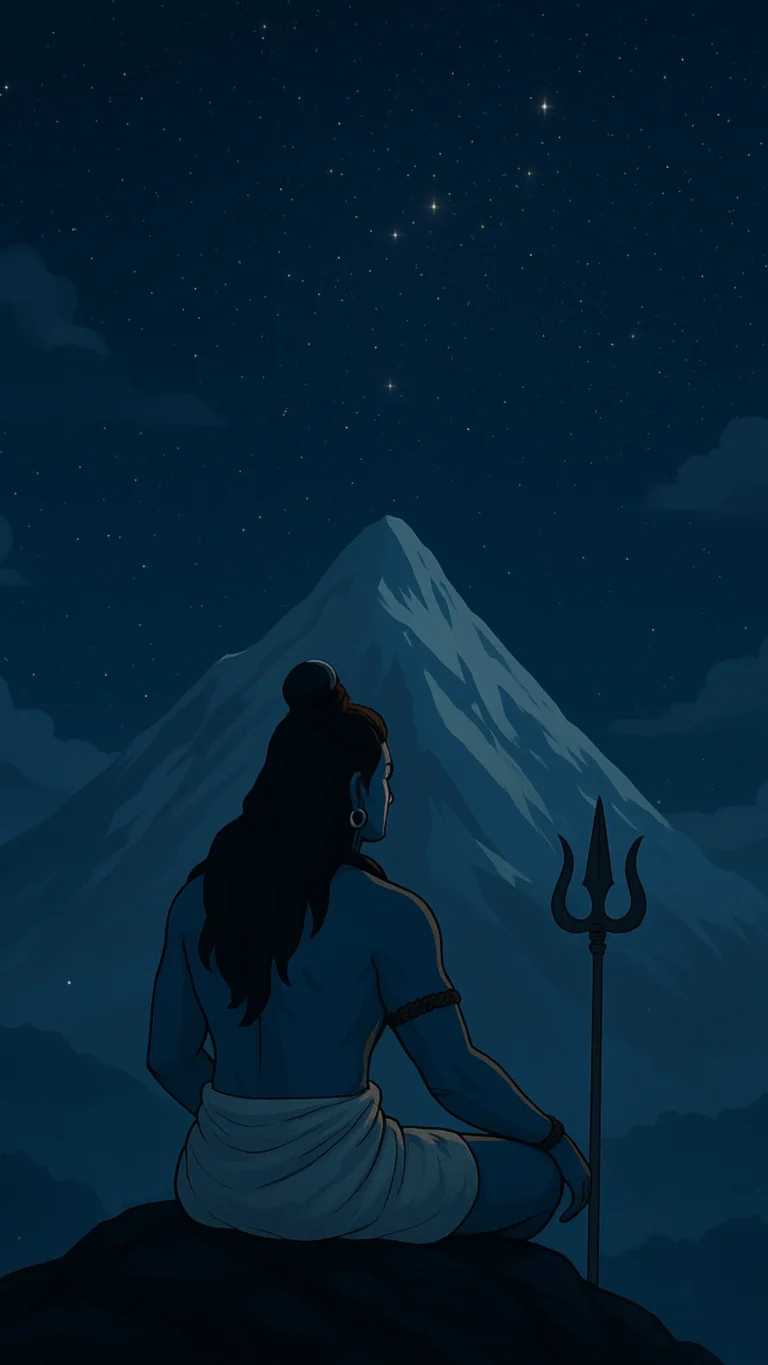 Lord Shiva meditating on a mountain rock with a trishul beside him, facing a tall Himalayan peak under a starry night sky.