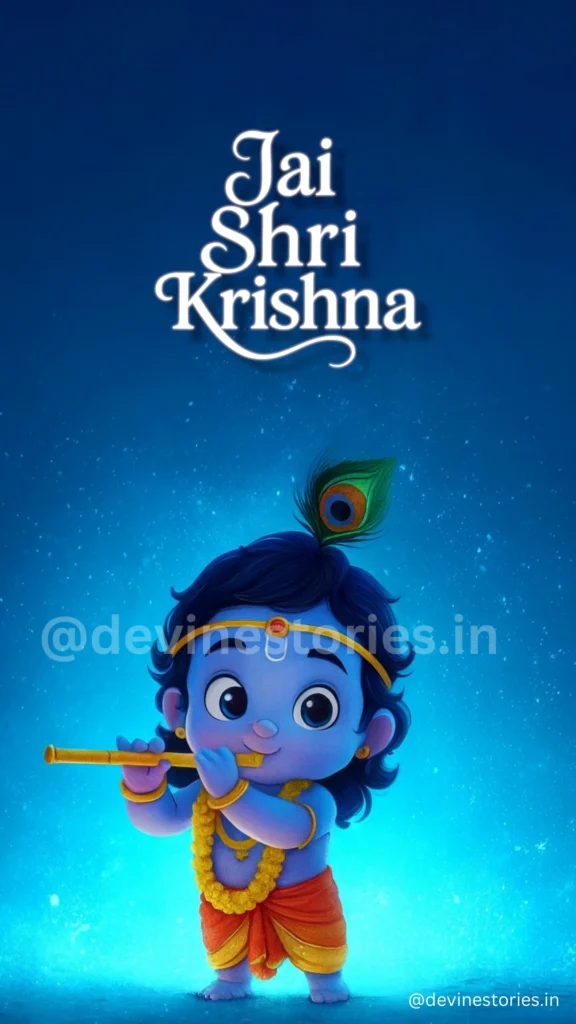 Baby Krishna playing flute with Jai Shri Krishna text and blue glowing background – HD devotional wallpaper