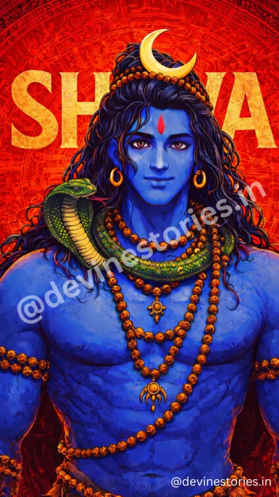 Lord Shiva standing calmly with open eyes, mild smile, snake around his neck and glowing SHIVA text in the background, divine Hindu artwork