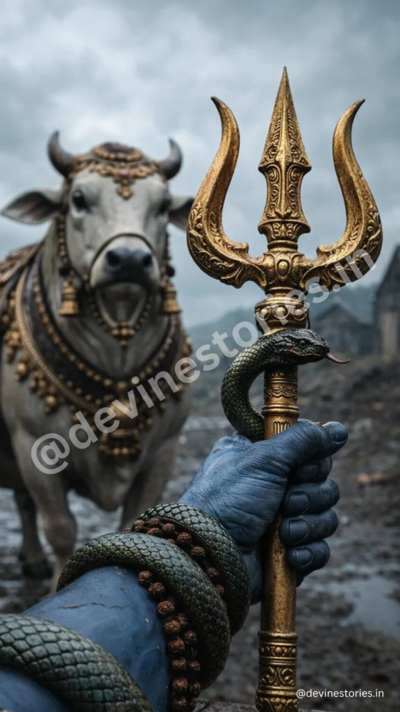 Blue divine hand holding a golden Trishul wrapped with a sacred snake, with Nandi the divine bull standing behind in a mystical mountainous landscape