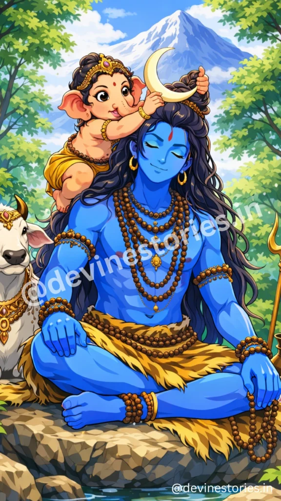 Lord Shiva sitting on Mount Kailash with Baby Ganesha on his shoulders and Nandi nearby, divine Hindu devotional illustration.