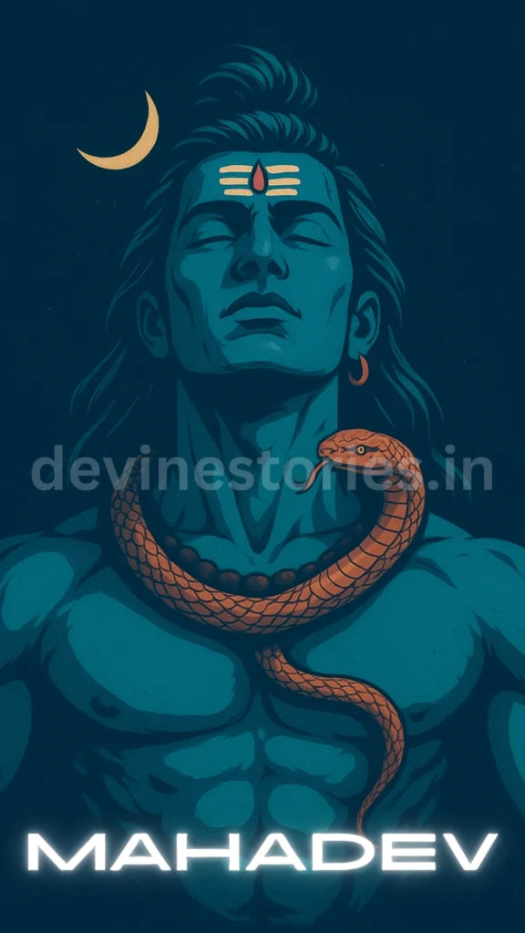 Illustration of Lord Shiva (Mahadev) with crescent moon on head, sacred tripundra, and serpent around his neck, spiritual Hindu artwork