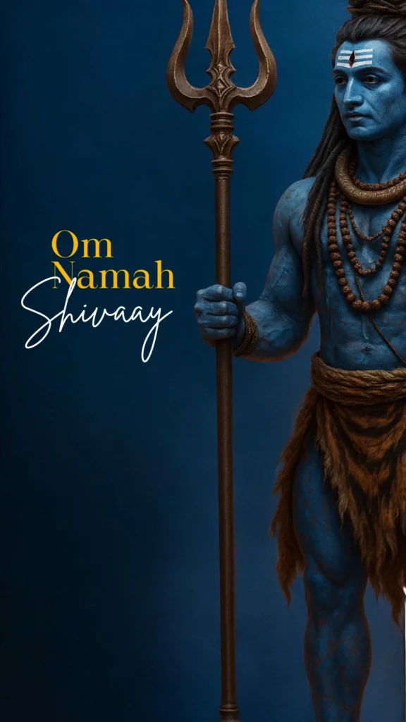 Lord Shiva blue-skinned holding Trishul with Om Namah Shivaya text – HD devotional wallpaper