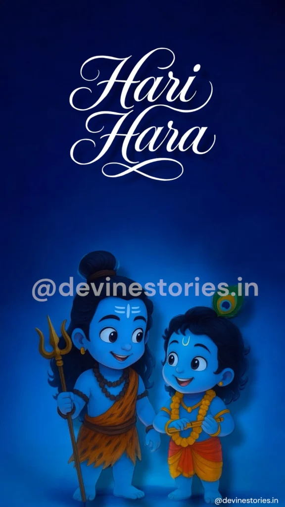 Cute Hari Hara wallpaper featuring baby Lord Shiva with trishul and baby Lord Krishna with flute in blue background.