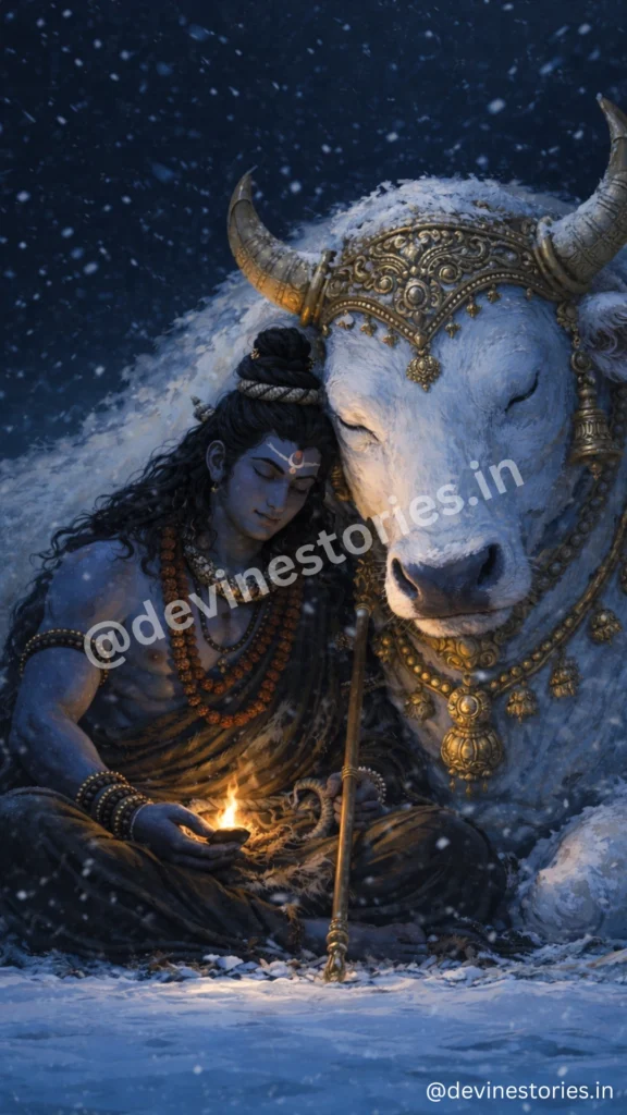 Lord Shiva sitting peacefully with Nandi in snow, divine spiritual winter scene HD wallpaper