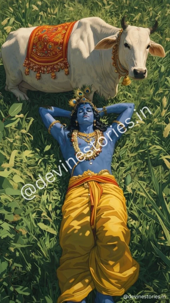 Divine Lord Krishna resting on grass with cow HD wallpaper