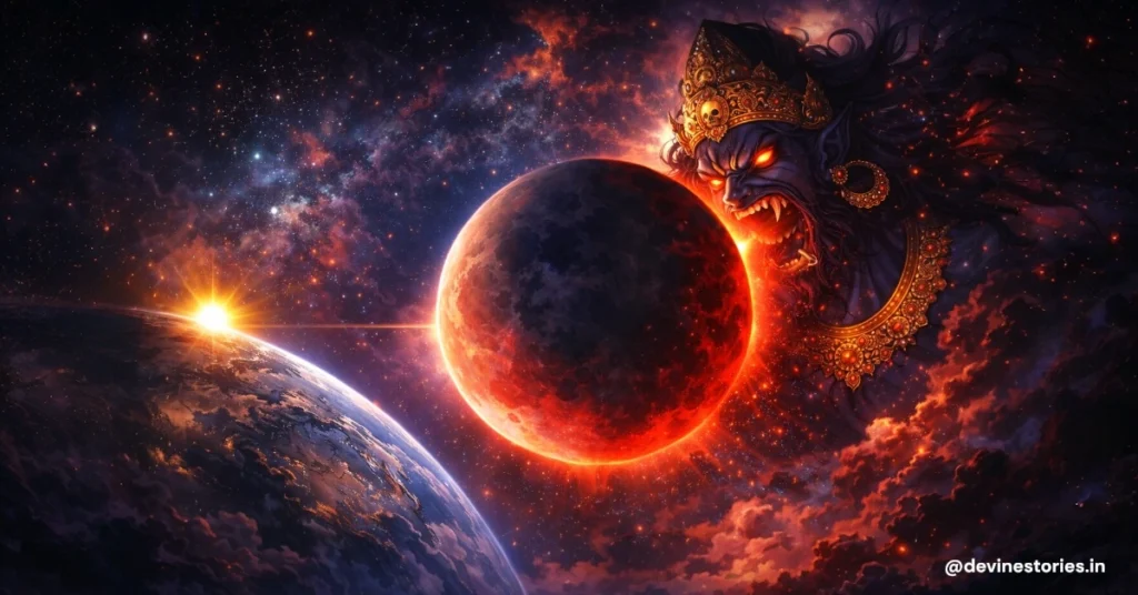 चंद्र ग्रहण के दौरान राहु द्वारा चंद्रमा को निगलते हुए दर्शाती भारतीय पौराणिक कथा और पृथ्वी की छाया का दृश्य
