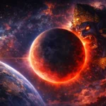 चंद्र ग्रहण के दौरान राहु द्वारा चंद्रमा को निगलते हुए दर्शाती भारतीय पौराणिक कथा और पृथ्वी की छाया का दृश्य