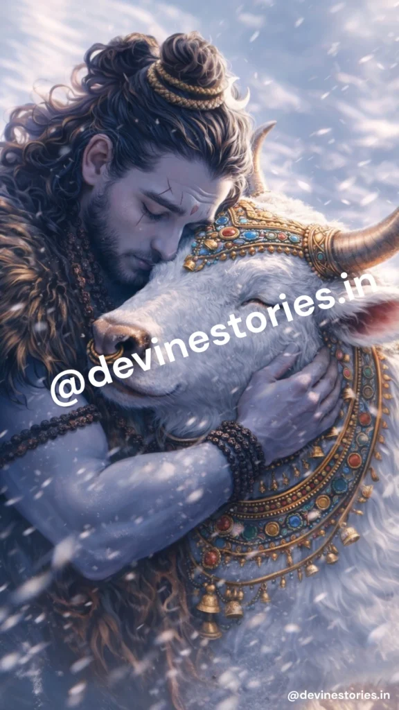 Lord Shiva embracing Nandi in a divine and peaceful moment, symbolizing devotion and compassion