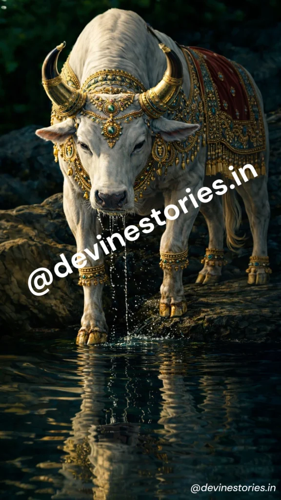 Divine Nandi Maharaj adorned with royal ornaments drinking sacred water, spiritual representation of Lord Shiva’s sacred bull