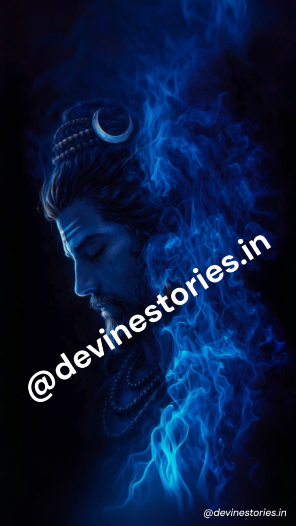 Lord Shiva meditating in blue flames with calm divine expression and cosmic energy