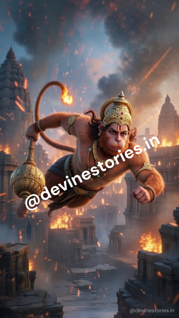 Flying Lord Hanuman holding a golden mace with burning tail, powerful divine form, cinematic ancient temple background with fire and devotion
