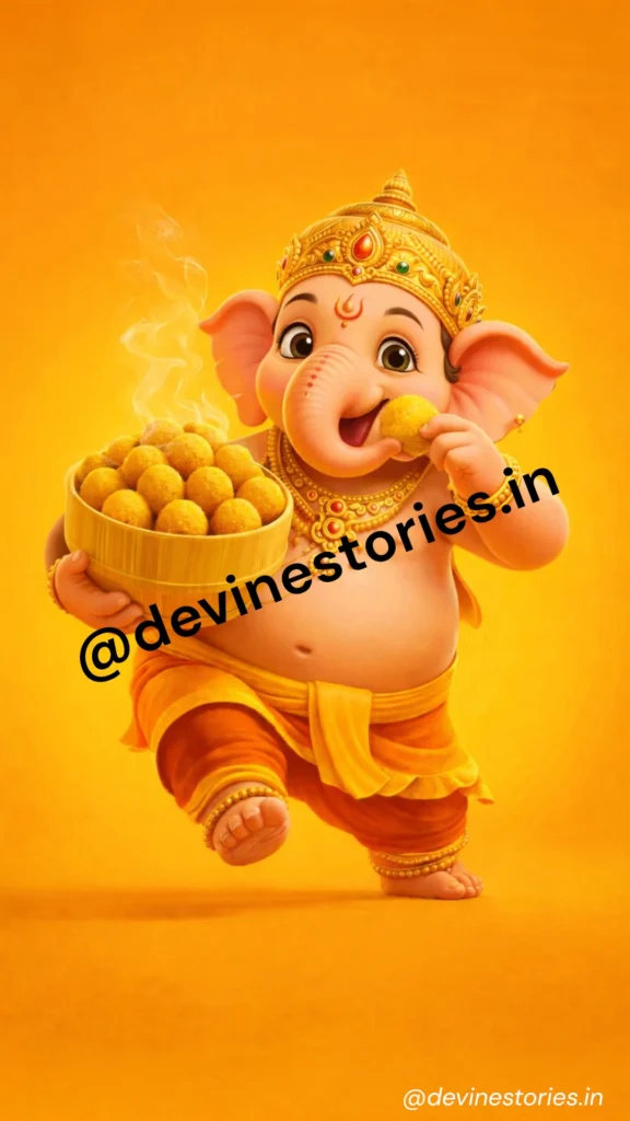 Cute baby Lord Ganesha eating modak cartoon style devotional wallpaper in HD