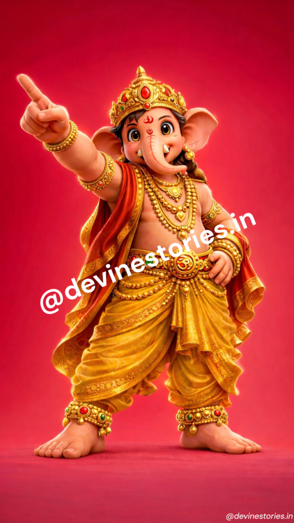 Cute 3D baby Lord Ganesha standing confidently in golden attire with divine ornaments on a vibrant pink background