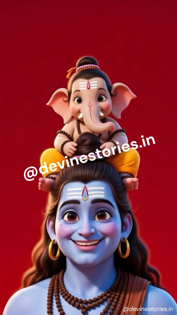 Cute Lord Ganesha sitting joyfully on Lord Shiva’s head, divine father and son illustration with calm expressions and vibrant red background, spiritual Hindu wallpaper.