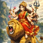 Download Maa Durga Anime HD Wallpaper – Beautiful Lion Riding Goddess Image