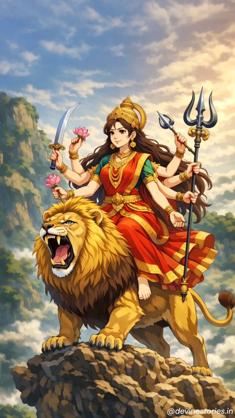 Download Maa Durga Anime HD Wallpaper – Beautiful Lion Riding Goddess Image