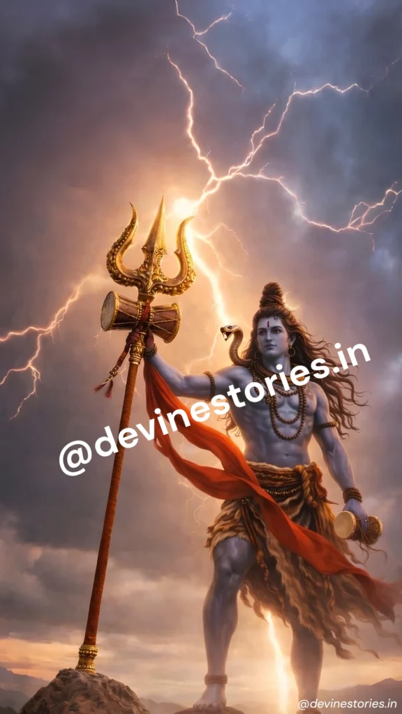 Powerful Lord Shiva standing with Trishul and Damru under lightning sky, divine warrior Mahadev 4K HD wallpaper.