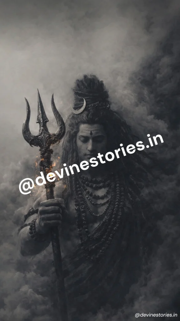 Powerful dark Lord Shiva holding glowing Trishul surrounded by smoke, high quality 4K Mahadev wallpaper