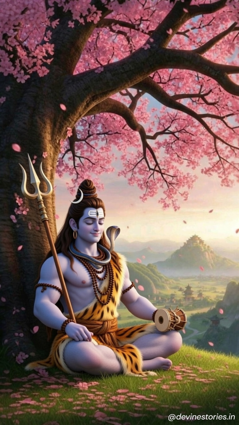 Download Lord Shiva Meditating Under Cherry Blossom Tree – Peaceful 4K Wallpaper