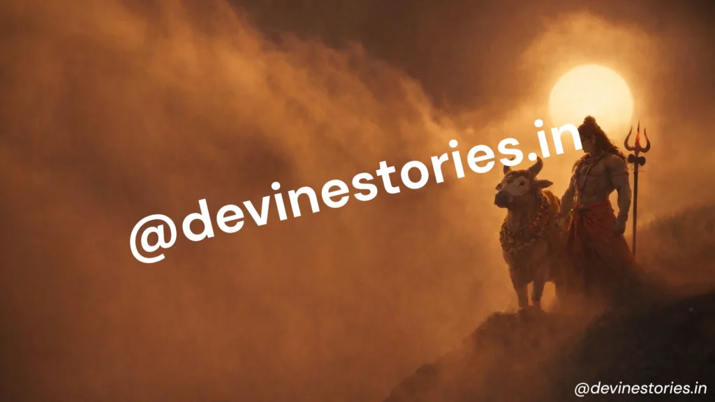 Lord Shiva standing with Nandi under golden sunset holding trishul, divine cinematic 4K wallpaper