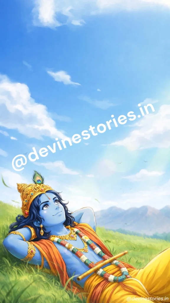 Lord Krishna relaxing on grass with flute under blue sky peaceful HD wallpaper