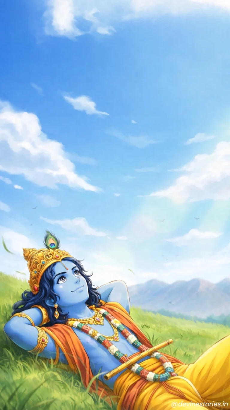 Download Lord Krishna Anime HD Wallpaper 4K | Peaceful Krishna Flute Nature Background
