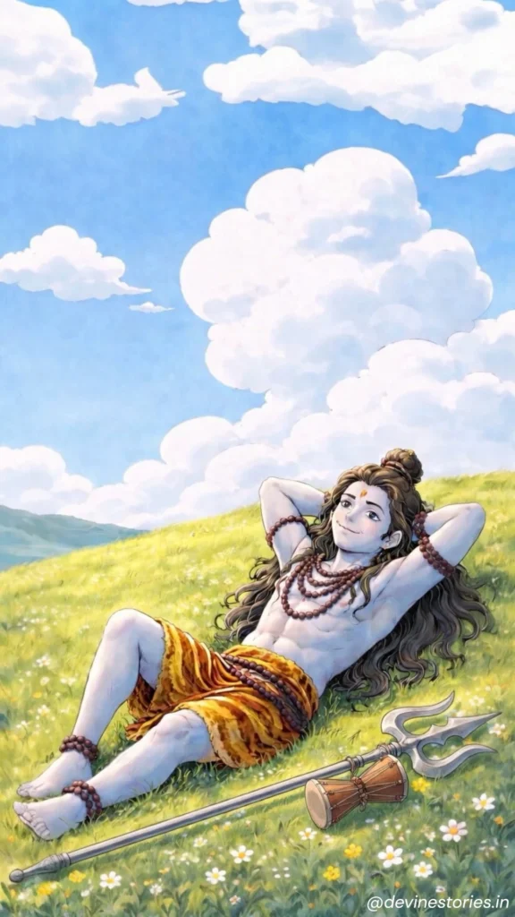 Peaceful Lord Shiva lying on green grass with Trishul and Damru under blue sky aesthetic divine artwork
