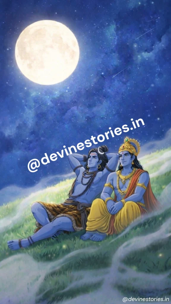 Lord Shiva and Lord Vishnu sitting peacefully under a glowing full moon in a starry night sky, spiritual HD wallpaper