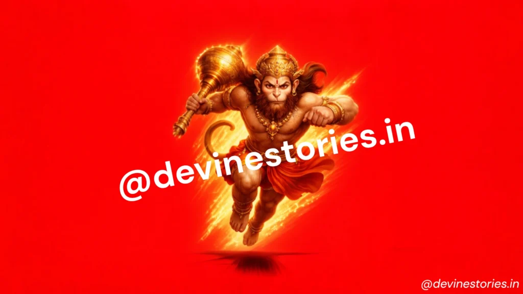 Powerful Lord Hanuman flying with mace, glowing divine aura, red background HD wallpaper